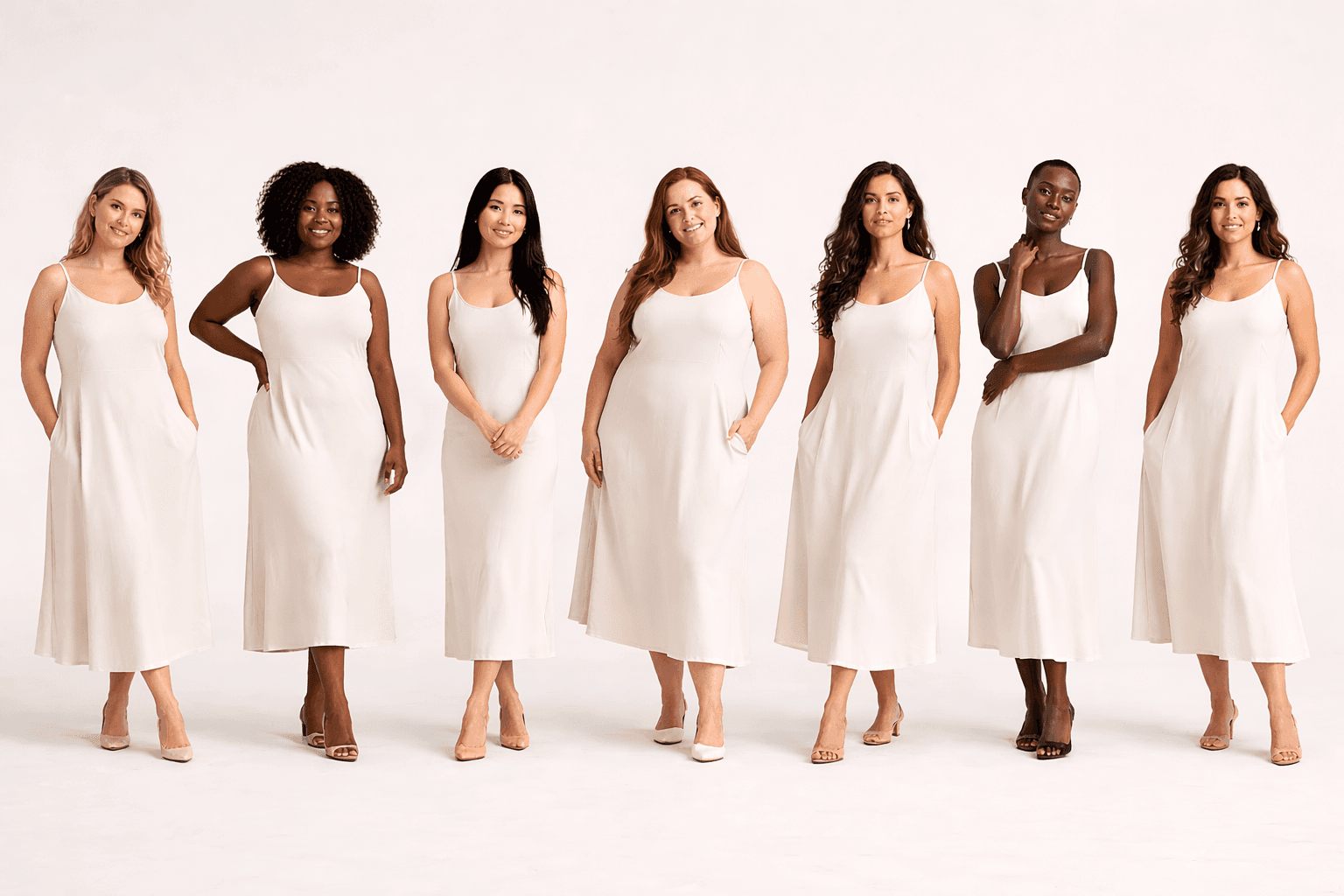 Seven women in the same dress, each cut to fit