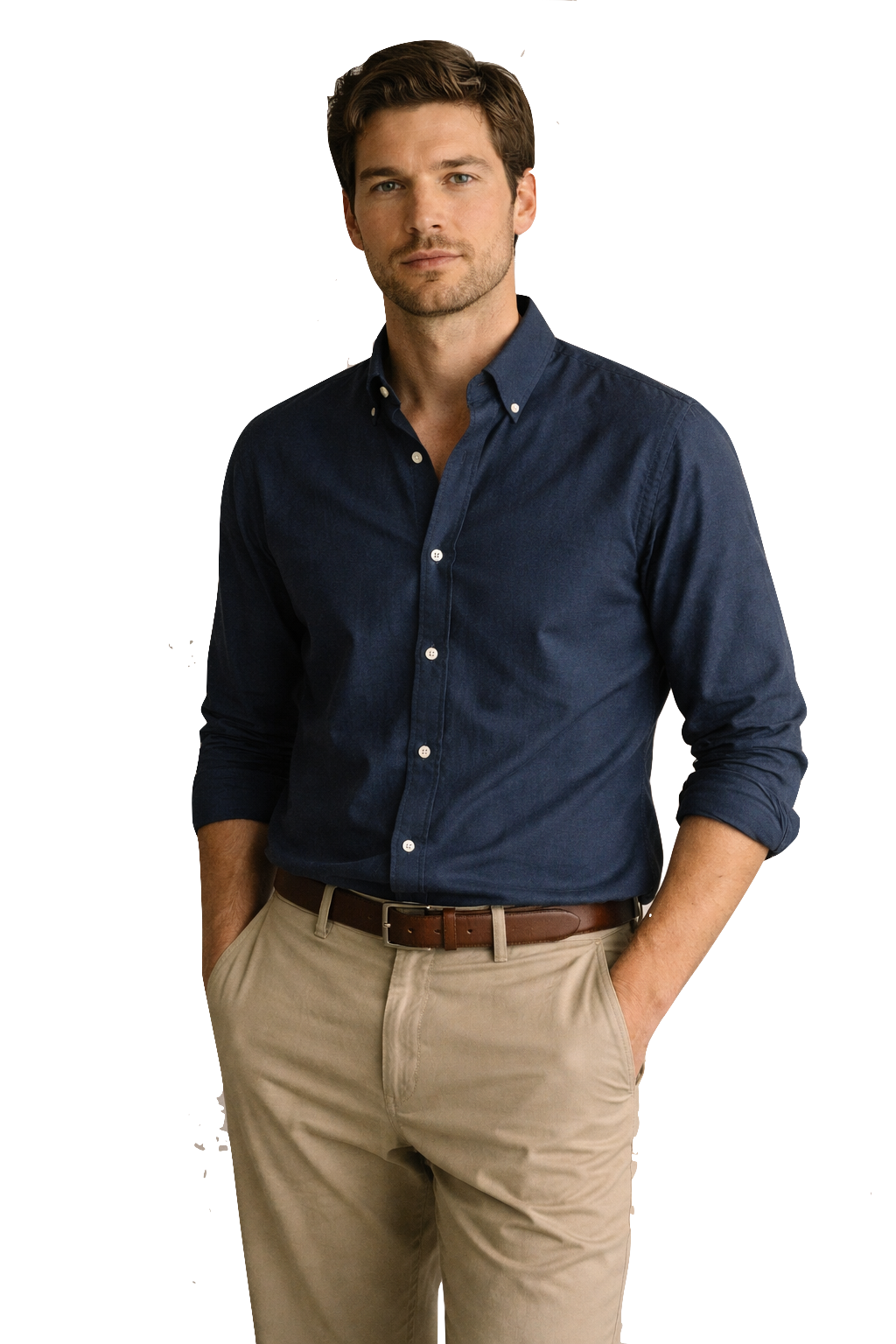 Off-the-rack shirt: pulling at the shoulder, excess at the chest, waist sitting wrong